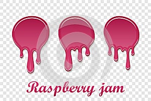 Red raspberry drip confiture 3D set. Berry sweet jam spot isolated white transparent background. Drips flowing stain