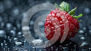 A red raspberry is sitting on top of water droplets