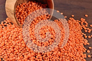 Red raw lentil in a bowl