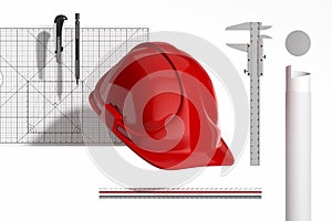Red Construction Helmet, Calliper, Drawing tube, Pencil, Cutter Knife And Cutting Mat. 3d Rendering.