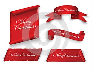 Red realistic detailed curved paper Merry Christmas banner isolated on white background. Vector illustration.