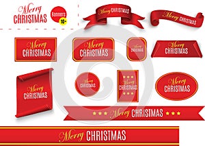 Red realistic detailed curved paper Merry Christmas banner isolated on white background. Vector illustration.