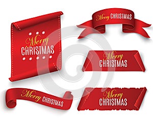 Red realistic detailed curved paper Merry Christmas banner isolated on white background. Vector illustration.