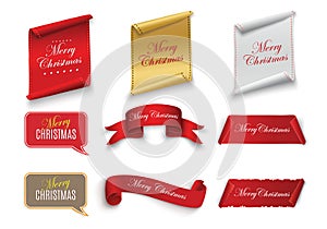 Red realistic detailed curved paper Merry Christmas banner isolated on white background. Vector illustration.