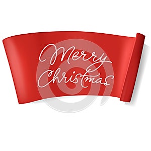 Red realistic detailed curved paper Merry Christmas banner isolated on white background. Vector illustration.v