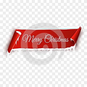 Red realistic detailed curved paper Merry Christmas banner with snow and icicles isolated on transparent background