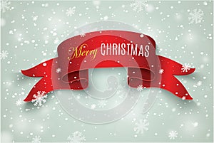 Red realistic detailed curved paper Merry Christmas banner on white background. Vector illustration.