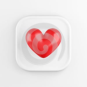 Red realistic heart icon, white square button. 3D rendering