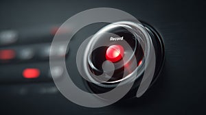 Red record button on dark background close-up