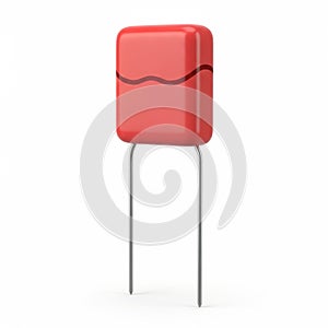 Red Rectangular Ceramic Capacitor with Two Metal Leads on White Background electronic component
