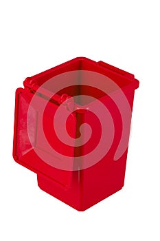 Red recycling bin isolated on white background. Trash bin. File contains clipping path