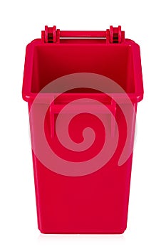 Red recycling bin isolated on white background. Trash bin. File contains clipping path