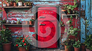 A red refrigerator in a rustic looking building with plants and pots, AI