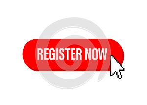 Red register now label in modern style on white background. Banner promotion. Click button. Sticker design.