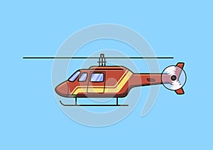 Red rescue helicopter, chopper, aircraft. Flat vector illustration. Isolated on blue background.