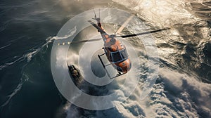 Red rescue helicopter lifts people out of a stormy sea.