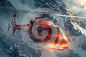 A red rescue helicopter during search and rescue work in the mountains.
