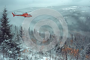 A red rescue helicopter during search and rescue work in the mountains.