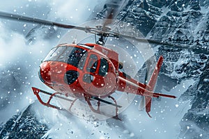 A red rescue helicopter during search and rescue work in the mountains.