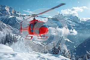 A red rescue helicopter during search and rescue work in the mountains.