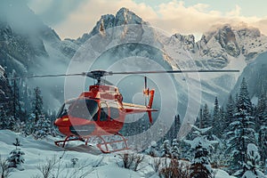 A red rescue helicopter during search and rescue work in the mountains.