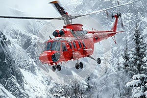 A red rescue helicopter during search and rescue work in the mountains.