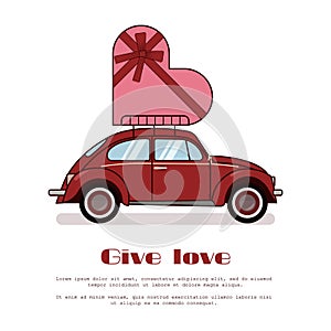Red retro beetle car with big present box in form of heart on trunk isolated on white background. Flat vector