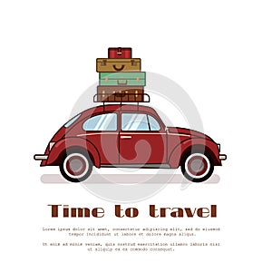 Red retro beetle car with stack of old fashioned suitcases on trunk isolated on white background. Flat vector