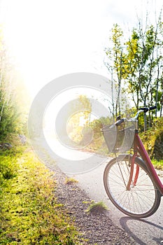 Red retro bike on a cycle path with sunlight