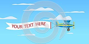 Red retro airplane aircraft with advertising banner ribbon in the cloudy sky. Vector isolated illustration