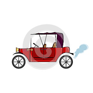 Red retro car in cartoon style on white background