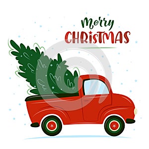 Red retro car with Christmas tree. X-mas truck with fir tree. Vector illustration in cartoon style. For Christmas or New Year