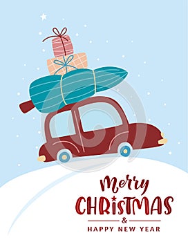 Red retro car with Christmas tree and New Year gifts. Little cartoon car carrying X-mas present boxes on its rack. Merry Christmas