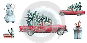 A red retro car with a Christmas tree on the roof with a snowman, gifts, snow. Watercolor illustration hand drawn. Set