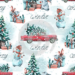 A red retro car with a Christmas tree on the roof with snowmen, hares and gifts. Watercolor illustration. Seamless