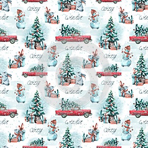 A red retro car with a Christmas tree on the roof with snowmen, hares and gifts. Watercolor illustration. Seamless