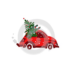 Red retro car and decoration Christmas tree in blizzard. Winter clip art. Holiday poster. Xmas greeting card. New Year concept.