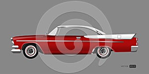 Red retro car on gray background. Vintage cabriolet in a realistic style