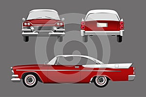 Red retro car on gray background. Vintage cabriolet in a realistic style. Front, side and back view.