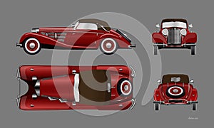 Red retro car on gray background. Vintage cabriolet in realistic style. Front, side, top and back view