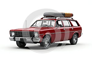 Red retro car with surfboard on the roof isolated on white background
