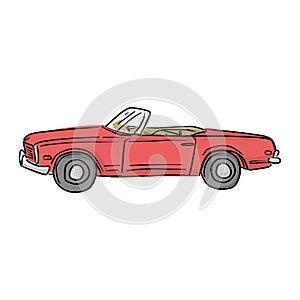 Red retro convertible car vector illustration with black lines isolated on white background