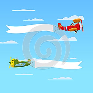 Red retro airplanes aircraft with advertising banner ribbon in the cloudy sky. Vector isolated illustration