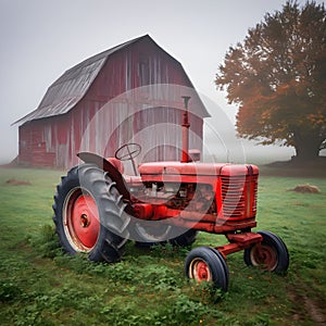 Red Retro Farm Tractor With Wooden Barn