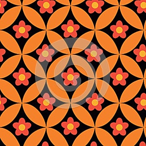 Red retro flowers on mid century modern orange leaf circle seamless pattern.