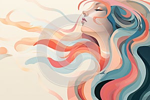 Red Retro Glamour: A Curly Haired Woman - Abstract Illustration with Decorative Swirls and Contour lines on a Background