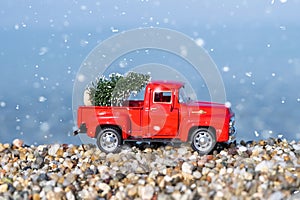 Red retro small car carrying christmas tree on the sea beach shore in snowfall. Winter holiday concept.