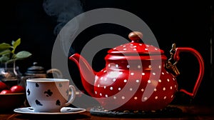 Red retro style teapot with polka dots and porcelain tea cup on table, dark background with copy space