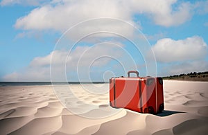 Red retro suitcase abandoned on a sunny beach