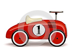 Red retro toy car number one isolated on white background